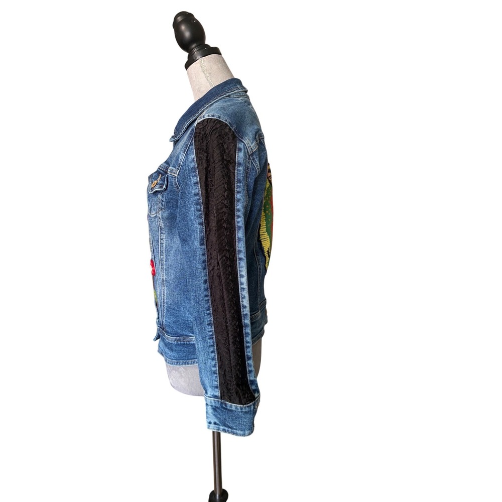 Zibella Jeans Embroidered Virgin Mary Denim Jacket Blue Lace Sleeve Women Medium - Picture 4 of 11